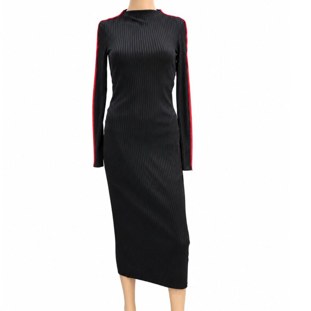 ZARA Black Ribbed Long-Sleeve Midi Tie Waist Bodycon Dress BLACK Sz S NWOT